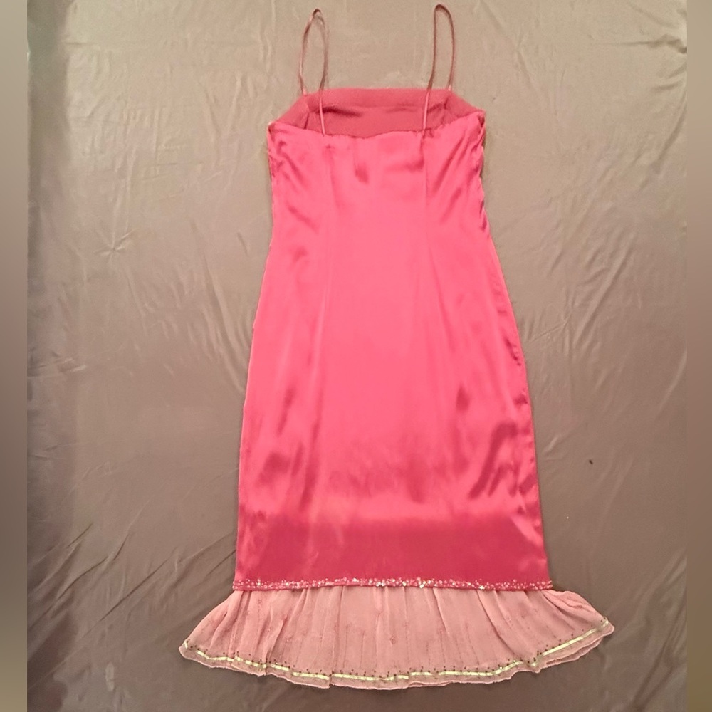 Vintage Y2K Pink Silk Midi Spaghetti Strap Dress with Ruffle Hem Size 4/Small - Picture 7 of 9